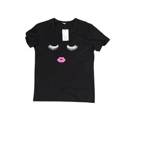 Eyelashes and  Lips Custom Stretch Pull Over Black T-Shirt. Large. NWT‎